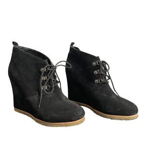 Steve Madden Tanngoo Booties Womens 7.5 Leather Black Suede Lace Up Wedge